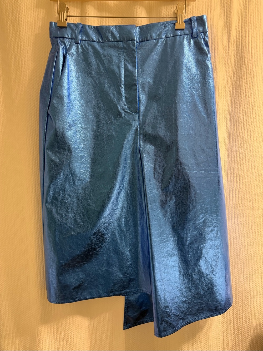 Tibi Metallic Blue Crinkled Faux Leather Asymmetric Drape Midi Skirt 6 F218HL507